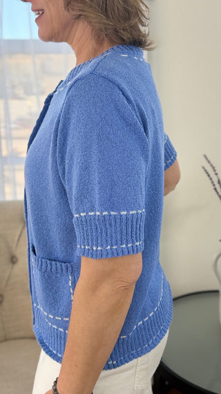 Short Sleeve Stitch Knit Cardigan - V - Rae’s Boutique