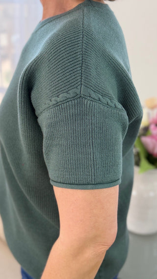 Green knitted sweater worn by a person, with a blurred background