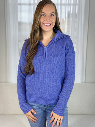 Periwinkle half-zip knit pullover with jeans | V-Rae's Boutique