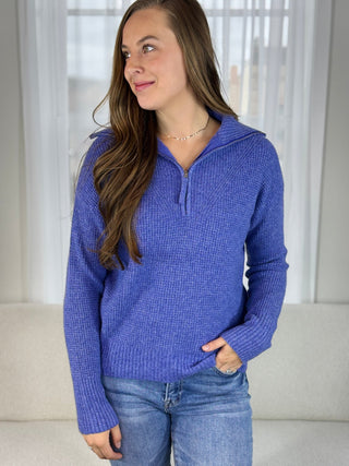 Periwinkle half-zip knit pullover, angled view | V-Rae's Boutique