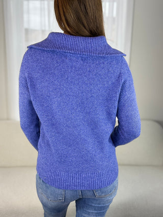 Back view of a periwinkle half-zip knit pullover | V-Rae's Boutique