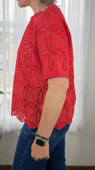 Person wearing a red lace top with a blurred background