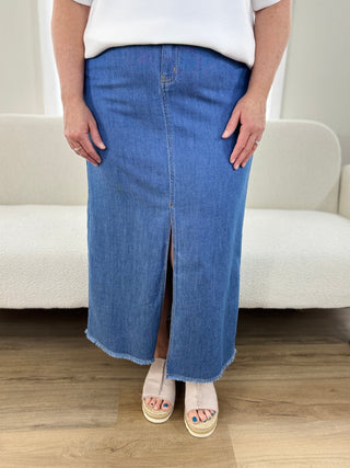 Tribal Denim Maxi Skirt - V - Rae’s Boutique