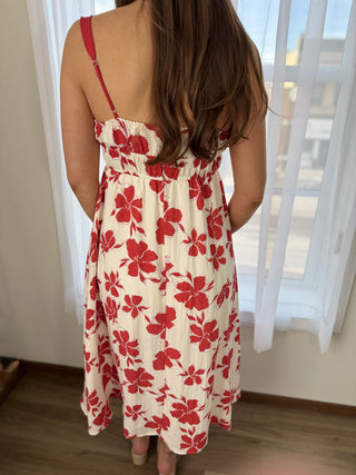 Back details of red floral sundress.