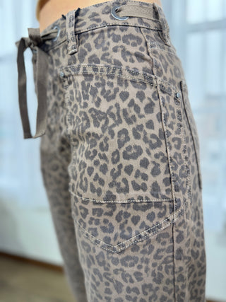 Leopard print pants with a blurred background