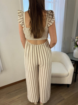 Everly Striped Gauze Jumpsuit - V - Rae’s Boutique