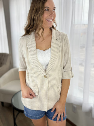 Classic Pinstripe Linen Blazer - V - Rae’s Boutique
