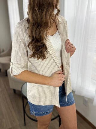 Classic Pinstripe Linen Blazer - V - Rae’s Boutique
