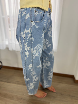 Bleached Floral Barrel Jeans