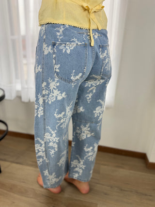 Bleached Floral Barrel Jeans