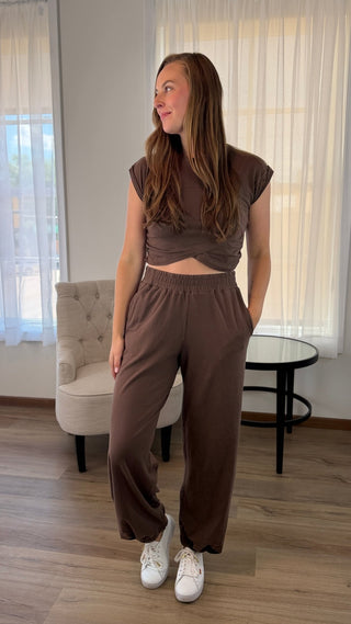 Woman wearing a brown matching set.