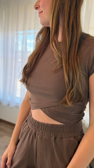 Woman wearing a brown matching set.