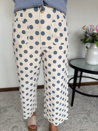 Blue and cream polka dot pants.