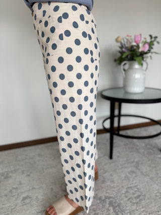 Blue and cream polka dot pants.