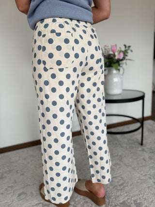 Blue and cream polka dot pants.