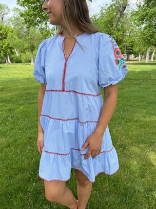Woman wearing a light blue dress with red trim in a park setting