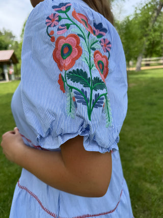 Person wearing a light blue dress with colorful floral embroidery outdoors.