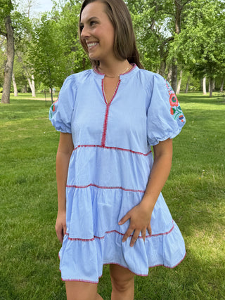 Woman wearing a light blue dress with red trim in a park setting