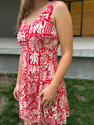 Person wearing a red and white patterned dress standing outdoors.