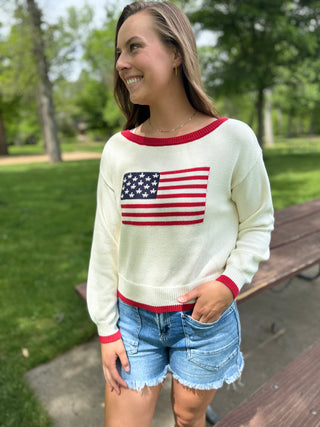 Woman wearing a sweater with an American flag design in a park setting
