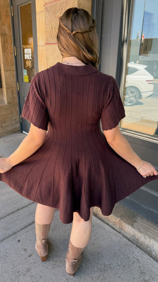A woman viewed from behind wearing a short-sleeve, pleated ribbed knit dress in a deep plum-brown color, standing on a sidewalk in front of a storefront.