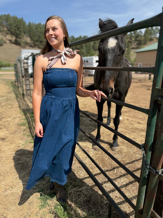 Woman in a blue dress standing next to a horse in a fenced area with trees and buildings in the background.