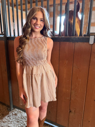 Young girl in a checkered dress standing in front of wooden stalls with a horse.
