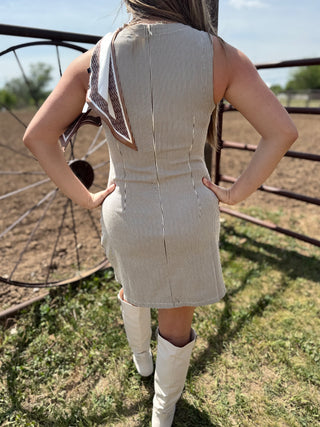 Person wearing a beige dress and white boots standing in a fenced area with a horse.