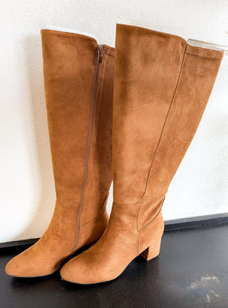 Corky's Made You Look cognac faux suede knee-high boots with block heel | V-Rae's Boutique