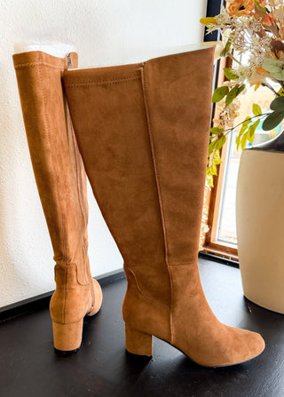 Back view of Corky's cognac suede tall boots with stacked heel | V-Rae's Boutique