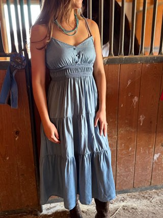 Woman wearing a blue dress standing in a stable.