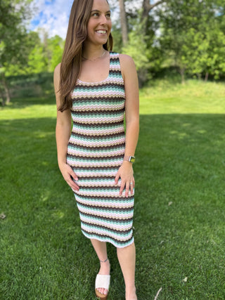 Model wearing chevron stripe midi dress.