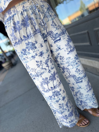 Blue and white patterned pants being worn outdoors.