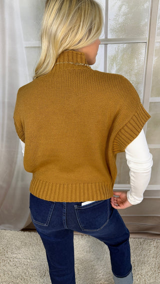 Back view of a camel mock neck sweater vest | V-Rae's Boutique