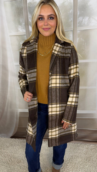 Brown and cream plaid longline coat with jeans | V-Rae's Boutique