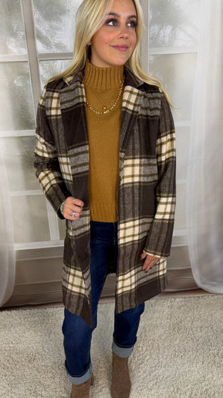 Brown plaid longline coat over a camel sweater | V-Rae's Boutique