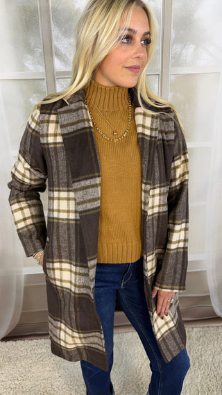 Brown and cream plaid longline coat, angled view | V-Rae's Boutique
