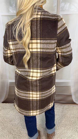Back view of a brown and cream plaid longline coat | V-Rae's Boutique