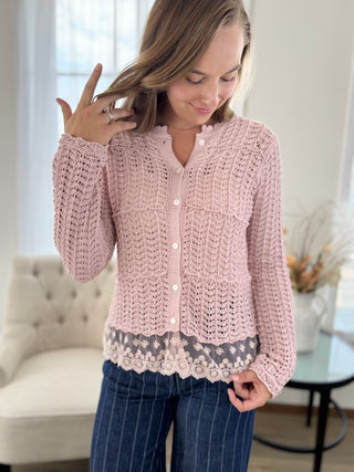 Vintage Lace-Trimmed Knit Cardigan