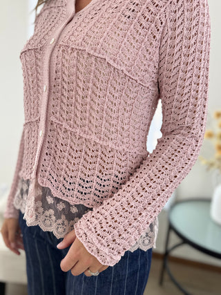 Vintage Lace-Trimmed Knit Cardigan