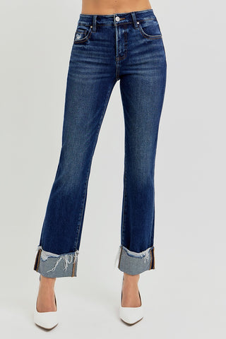 Risen High Rise Crop Straight Cuffed Jeans, Dark Wash