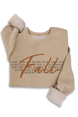 Beige sweatshirt with text on a white background