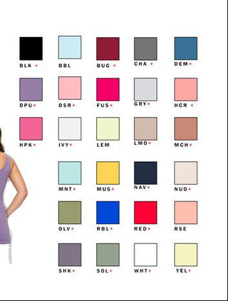Color swatch chart for YELETE tank tops with two models wearing the products.